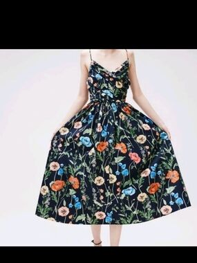 NEW H&M Black Floral Cotton Midi Slip Dress Strappy Fit Flare Sundress Size S